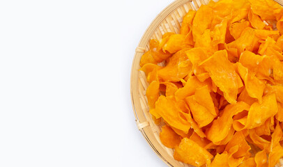 Sweet potato chips with sugar in bamboo basket on white background.
