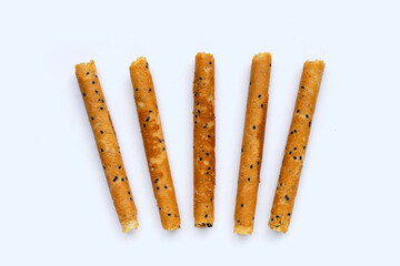 Crispy egg rolls on white background.