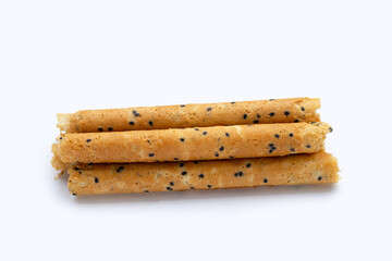 Crispy egg rolls on white background.