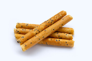 Crispy egg rolls on white background.