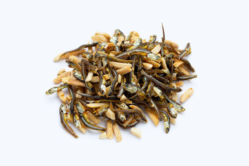 Almonds Mixed Anchovy on white background.