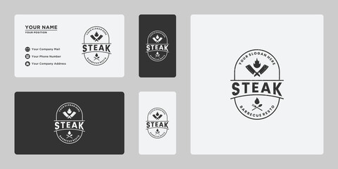 vintage steak house, barbecue logo design with chef knife and fire icon