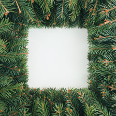 Obraz na płótnie Canvas 2022 Natural winter New Year square frame made of Christmas tree branches isolated on pastel white background. Minimal flat lay. Evergreen Christmas texture. Greeting card concept.