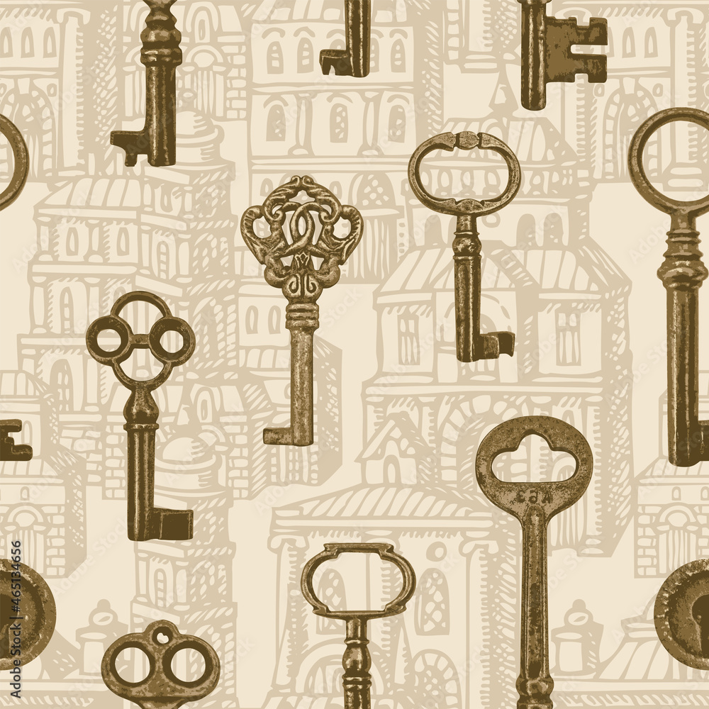 Poster seamless pattern with old keys on the background of old hand-drawn buildings. vector repeating backg