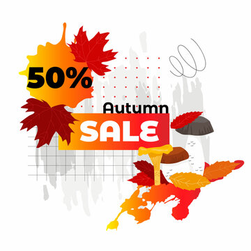 Vector illustration with an abstract frame on theme of autumn. Seasonal fallen leaves with mushrooms and abstract forms in autumn colors are depicted. Design of advertisements, banners, flyers, etc.
