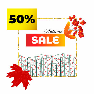 Vector image with an isolated abstract design, frames on the theme of autumn. Dried yellow, red leaves, geometric forms valley berries, viburnum are depicted. There is an empty space for text, title.