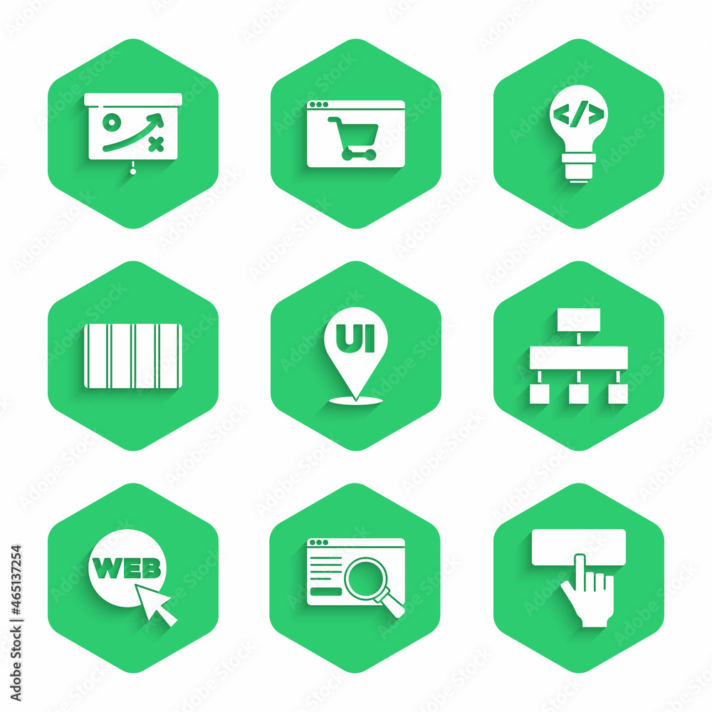 Poster set ui or ux design, keyboard, site map, web and graphic, color palette guide, front end development