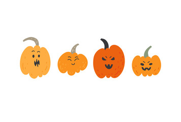 Set of Halloween orange pumpkin illustrations. Vector isolated on white background.