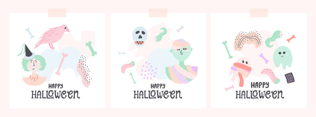 Fototapeta na wymiar Cute and trendy Halloween card designs in pastel colors. With lettering, doodle illustrations and abstract shapes. Pretty and nice designs. Vector on white cards.