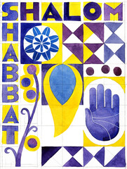Shabbat shalom geometric design with flowers, quilt squares and hand - obrazy, fototapety, plakaty