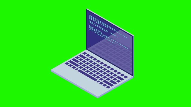 Programming or Software development loopable concept. Isometric Laptop with programming code. Programming concept. 4K seamless loop video footage.