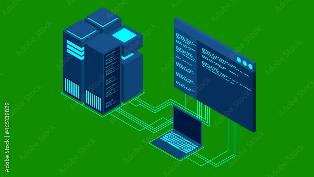 Poster concept of big data processing center loopable concept. isometric data center. hosting server or dat