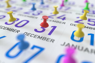 December 31 date and push pin on a calendar, 3D rendering