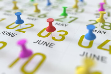 June 3 date and push pin on a calendar, 3D rendering