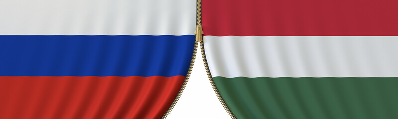 Russia and Hungary political cooperation or conflict, flags and closing or opening zipper, conceptual 3D rendering