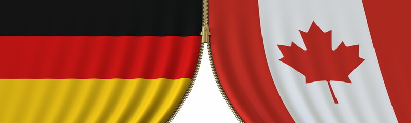 Obraz premium Germany and Canada cooperation or conflict, flags and closing or opening zipper between them. Conceptual 3D rendering