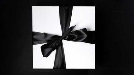 White box with a gift tied with a ribbon with a bow on Black Friday sale on a dark background. Top view.