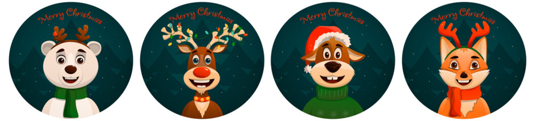 Cute winter Christmas animals. Fox, dog, deer, bear. Merry Christmas and Happy New Year. Vector illustration.