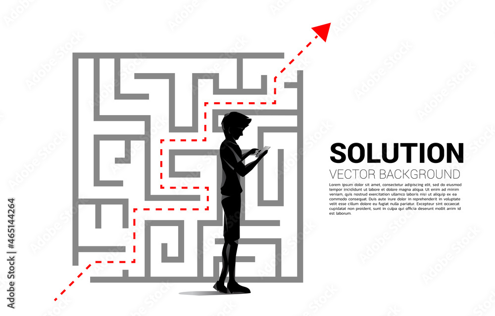 Fototapete Silhouette of man use mobile phone standing with plan to exit from maze . Business concept for problem solving and solution strategy