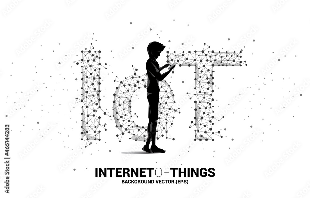 Aufkleber Silhouette of man use mobile phone standing and Polygon dot connect line shaped IoT wording . Concept for telecommunication and internet of things.