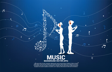 Vector man and woman with mobile phone and headphone and music melody shape key note music dancing flow . Concept background for online streaming music.