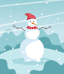 Snowman. Merry Christmas and Happy New Year. Vector flat illustration.