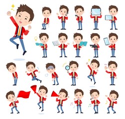 スマートフォンなどのデジタル機器を持つセールスはっぴ男性のセット