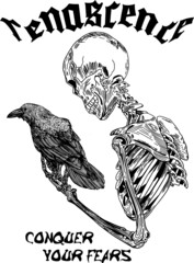 hand draw skeleton with raven slogan Vector design for t-shirt graphics, banner, fashion prints, slogan tees, stickers, flyer, posters and other creative uses	
