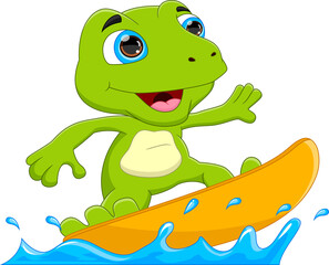 cute frog surfing cartoon on white background