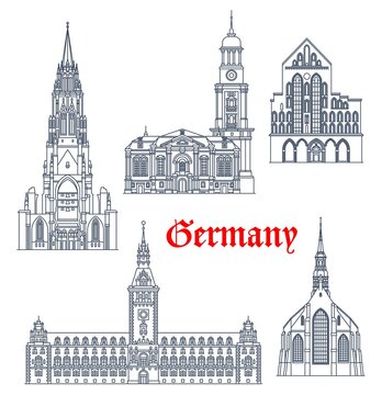 Germany travel landmarks and architecture buildings of Hamburg and Lubeck, vector. German architecture of St Catherine Church, Michael and Nicholas church in Lubeck, Rathaus city hall of Hamburg