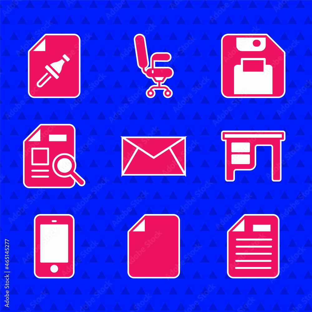 Poster set mail and e-mail, file document, office desk, mobile phone, document with graph chart, floppy dis