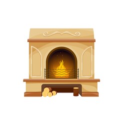 Modern interior fireplace with firewood, vector wood burning oven or hearth with fire flames, steel grate and wood logs, marble facing, frame, mantel. Cartoon element of living room or house interior