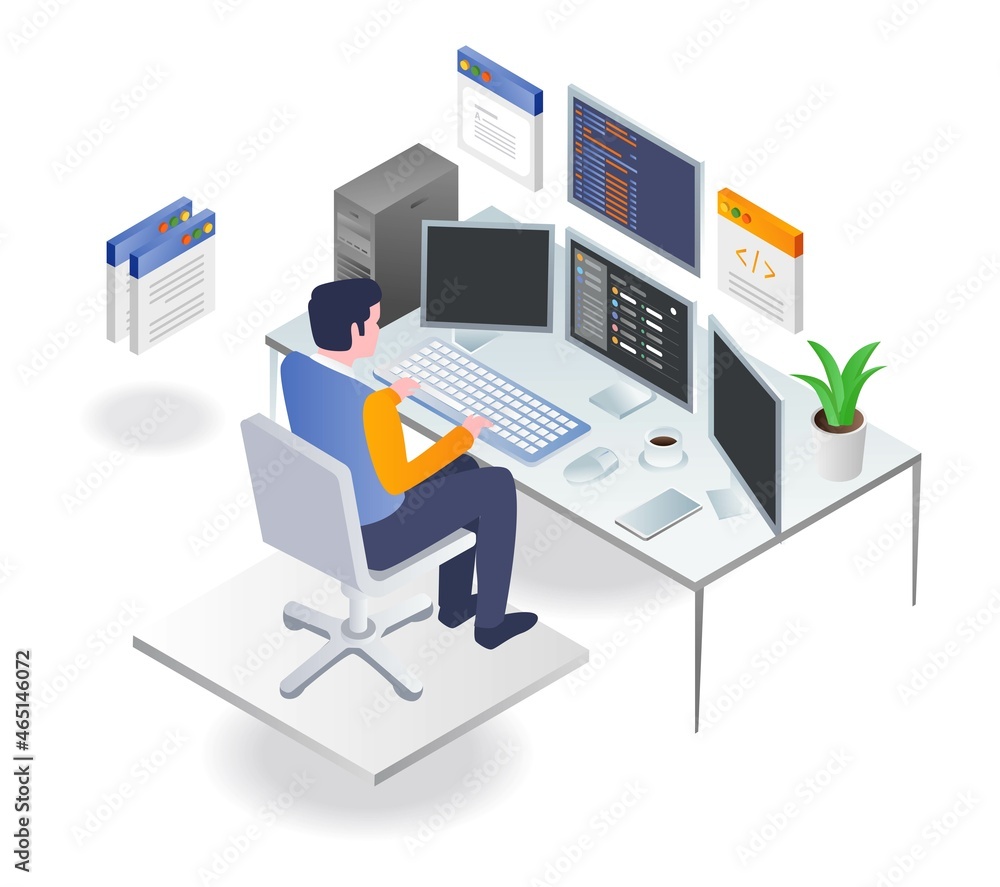 Poster Programmer working on computer with lots of data