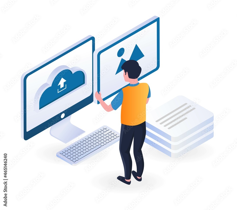 Poster Man uploading files with computer