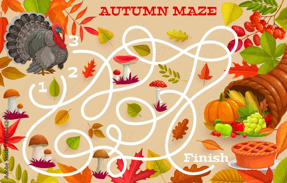 Poster thanksgiving labyrinth maze game with vector cornucopia, turkey, autumn leaves, pie and mushrooms. s