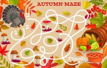 Thanksgiving labyrinth maze game with vector cornucopia, turkey, autumn leaves, pie and mushrooms. Start to finish kids puzzle game or find right way riddle with map, educational worksheet template