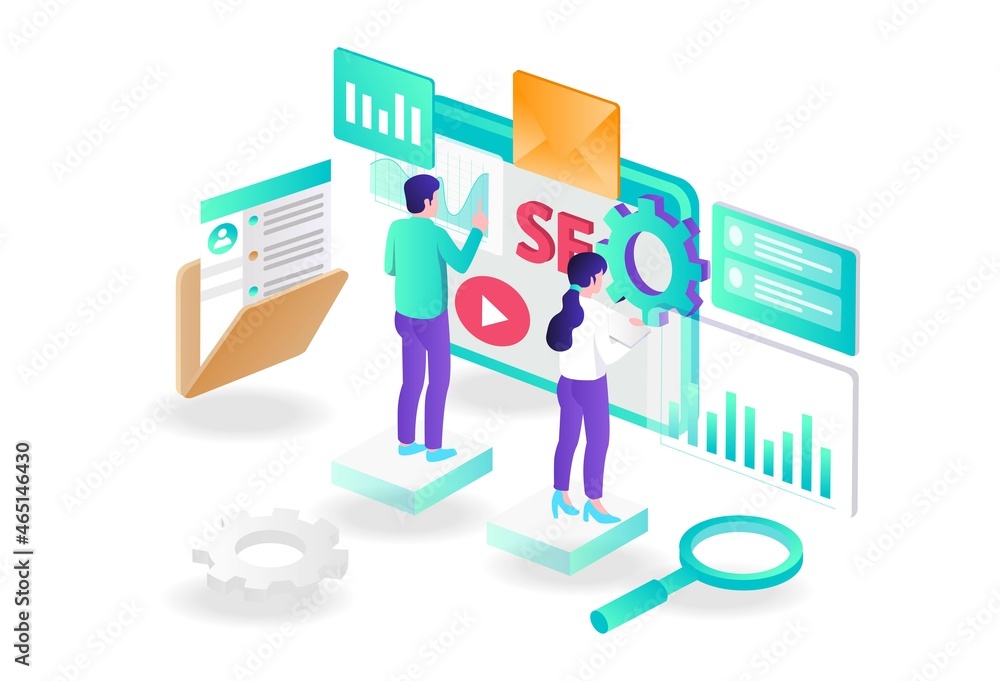 Poster the concept of isometric flat illustration seo optimization and web developer
