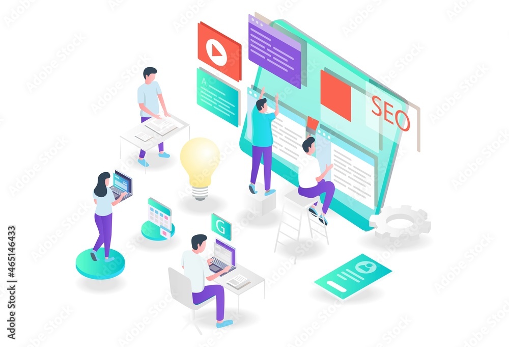 Aufkleber the concept of isometric flat illustration seo optimization and web developer