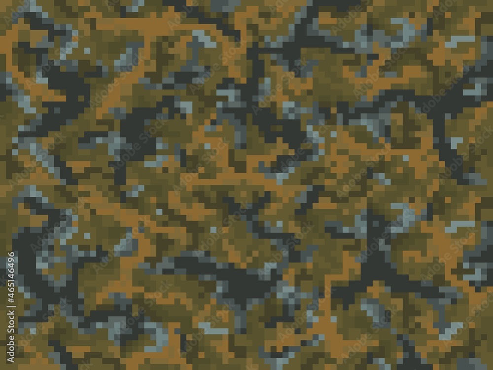 Poster khaki camouflage pixels for game cubic background, vector pattern with grass and ground blocks. 8bit