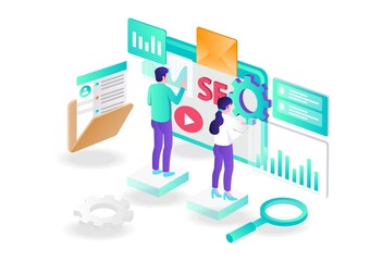 the concept of isometric flat illustration seo optimization and web developer