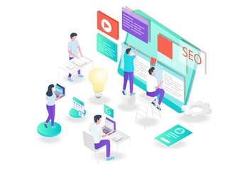 the concept of isometric flat illustration seo optimization and web developer