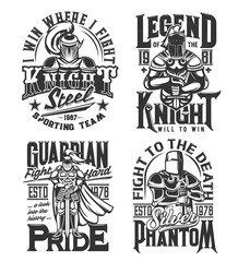 Tshirt print with knights hold sword vector mascots, medieval warriors in helmet. Monochrome labels for apparel design with warriors and typography, isolated t shirt prints for war club, sporting team