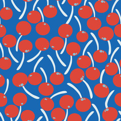 Blue with red cherries and white stems seamless pattern background design.