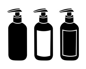 Set cosmetic bottle icon. Collection black simple soap dispenser. Sanitizer logo. Virus and bacteria prevention sign. Vector illustration isolated on white background.