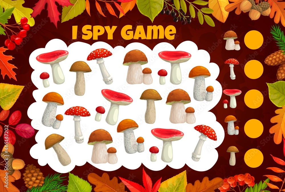 Poster kids spy game with cartoon mushrooms and leaves. vector puzzle, logic riddle or education worksheet 