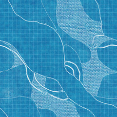 Seamless bright blue blueprint pattern for textile and print. High quality illustration. Technical engineering blue-print draft design. Graphic motif for background, wallpaper, or surface design print