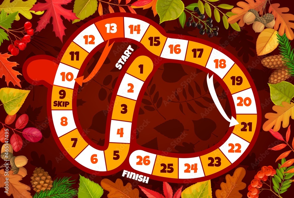 Poster thanksgiving kids board game in shape of acorn with vector autumn leaves and berries. dice boardgame