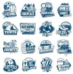 Travel tourism, active leisure isolated vector icons. Hiking and camping tools, travel trailer and tent, backpack and rafting club equipment. Kayaking, campfire and tourism clothing, boots labels set