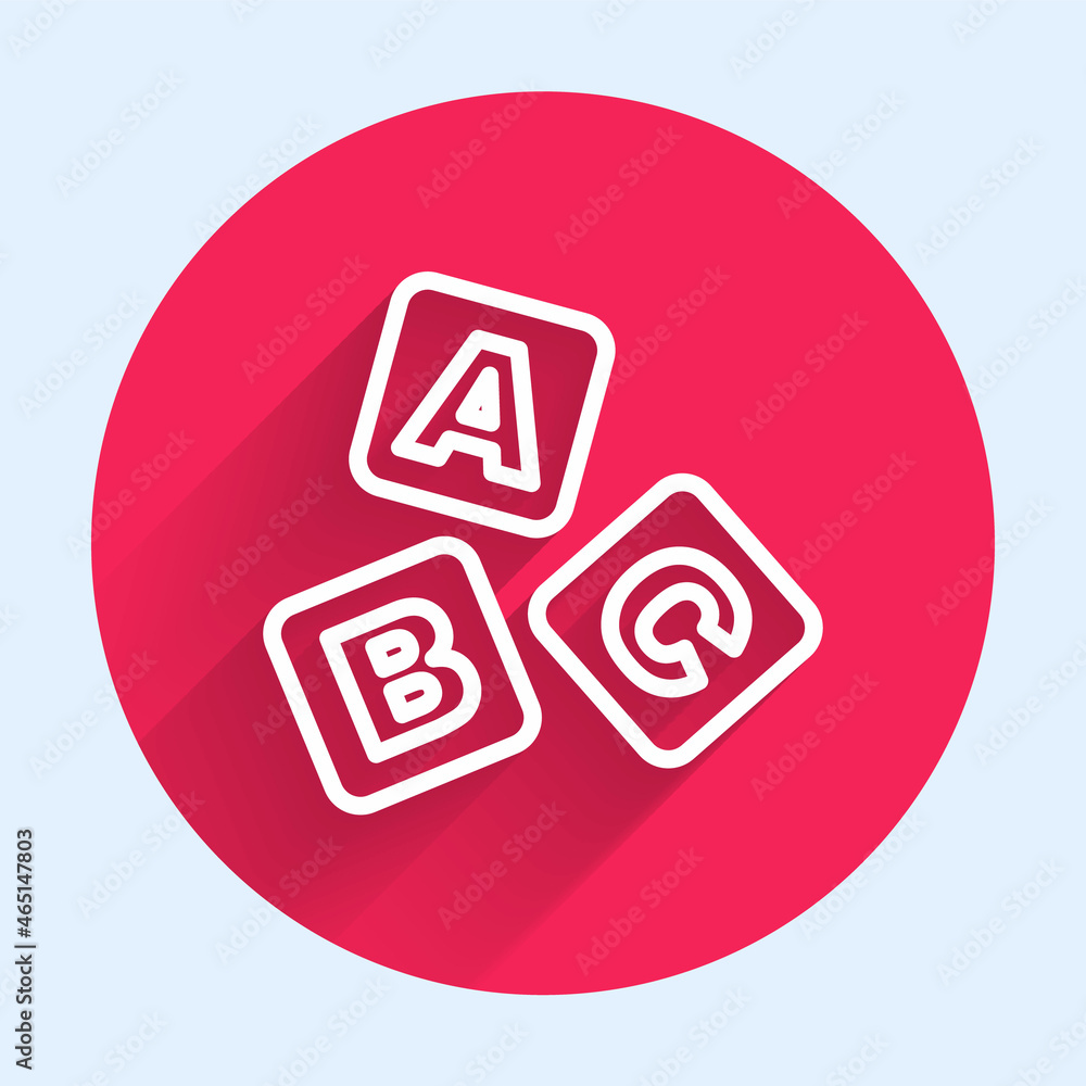Poster White line ABC blocks icon isolated with long shadow background. Alphabet cubes with letters A,B,C. Red circle button. Vector