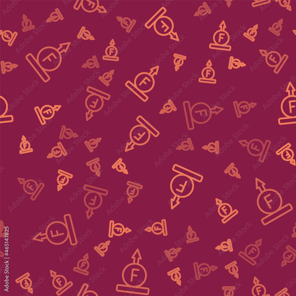 Poster brown line force of physic formula calculation icon isolated seamless pattern on red background. vec